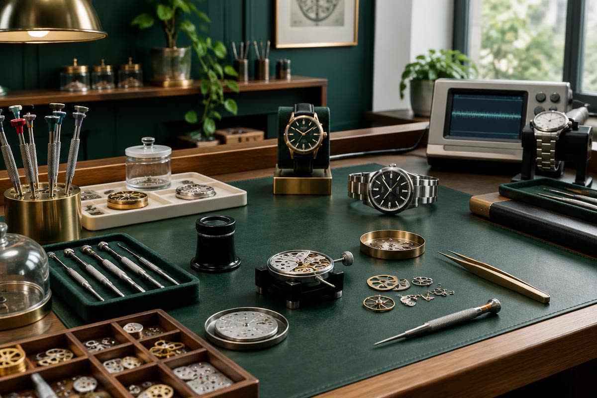 Organized watchmaker bench with precision tools and watch movements